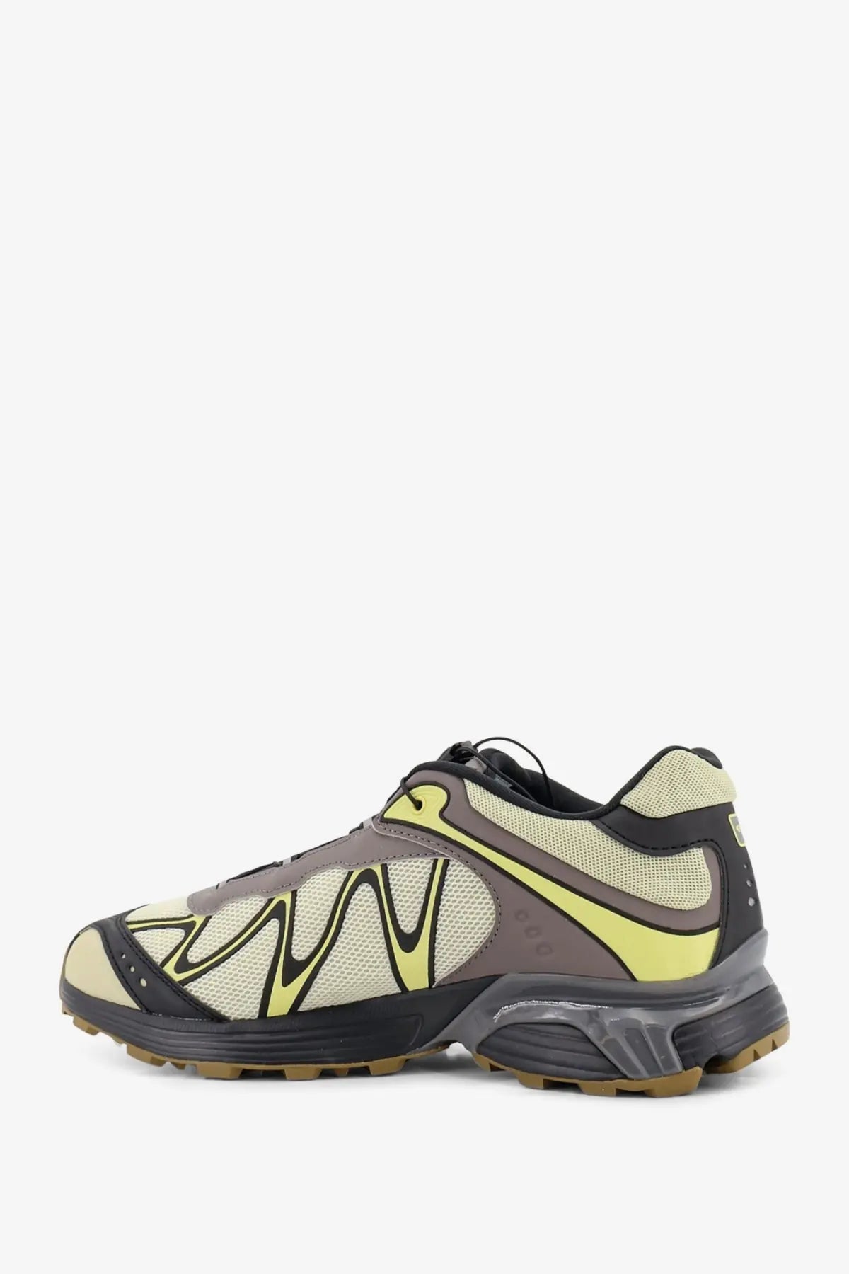 Salomon men’s xt whispext mesh sneakers with beige gray mesh upper and lime green accents for running and hiking