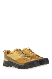 Tan suede and brown leather salomon unisex alp sneaker hiking shoes with black rubber soles beige color