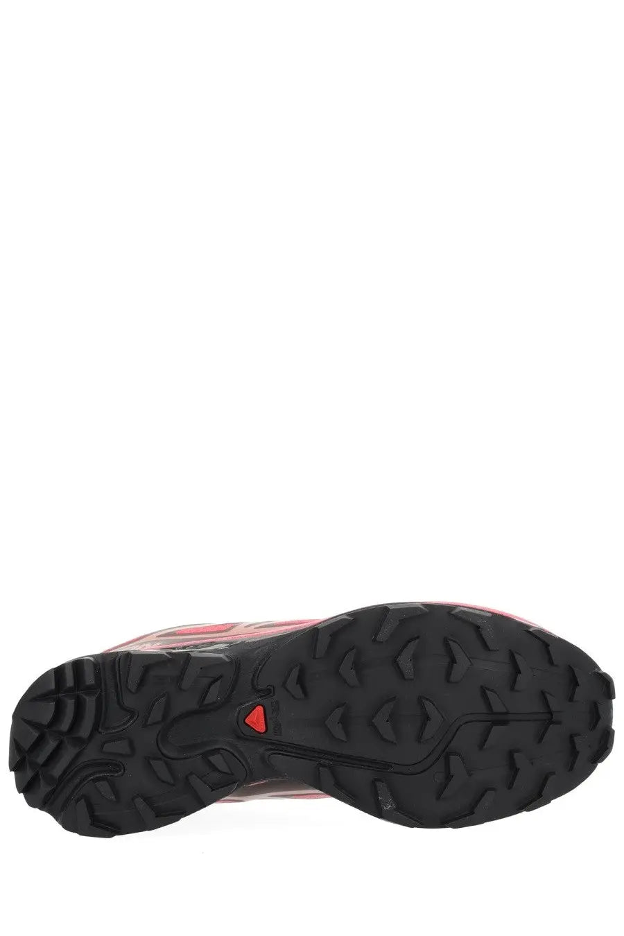 Black rubber outsole with aggressive tread and small red salomon logo on the heel of salomon unisex skyline sneaker multicolor back side