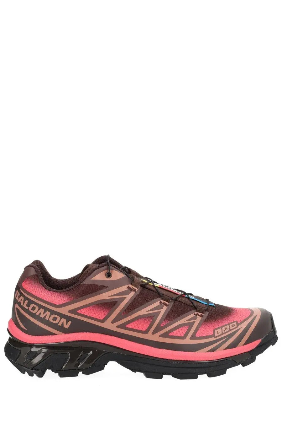 Salomon unisex skyline sneaker in brown and vibrant pink with sleek geometric design for trail running