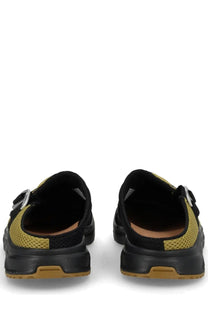 Salomon unisex slide nomad green slip-on sandals in black and olive green mesh with chunky rubber sole front view