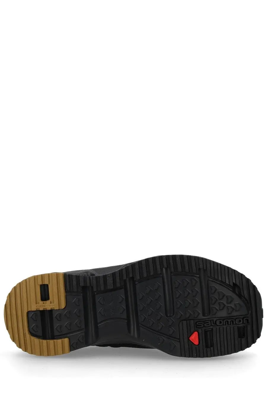 Black salomon unisex slide nomad green shoe sole with tan rubber heel and red triangular logo detail back view