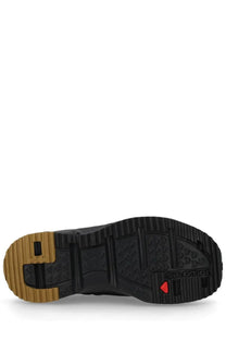 Black salomon unisex slide nomad green shoe sole with tan rubber heel and red triangular logo detail back view