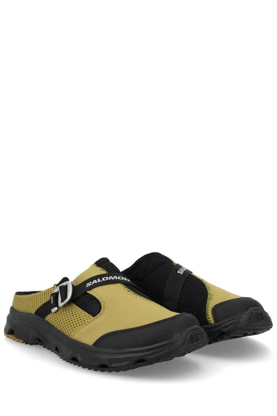 Salomon unisex slide nomad green olive and black mesh slip-on sandals with a silver buckle strap for casual wear