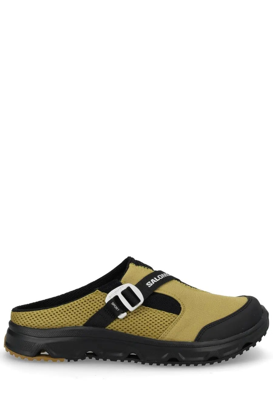 Salomon unisex slide Nomad green slip-on clog in olive green mesh and synthetic leather with black accents and white buckle