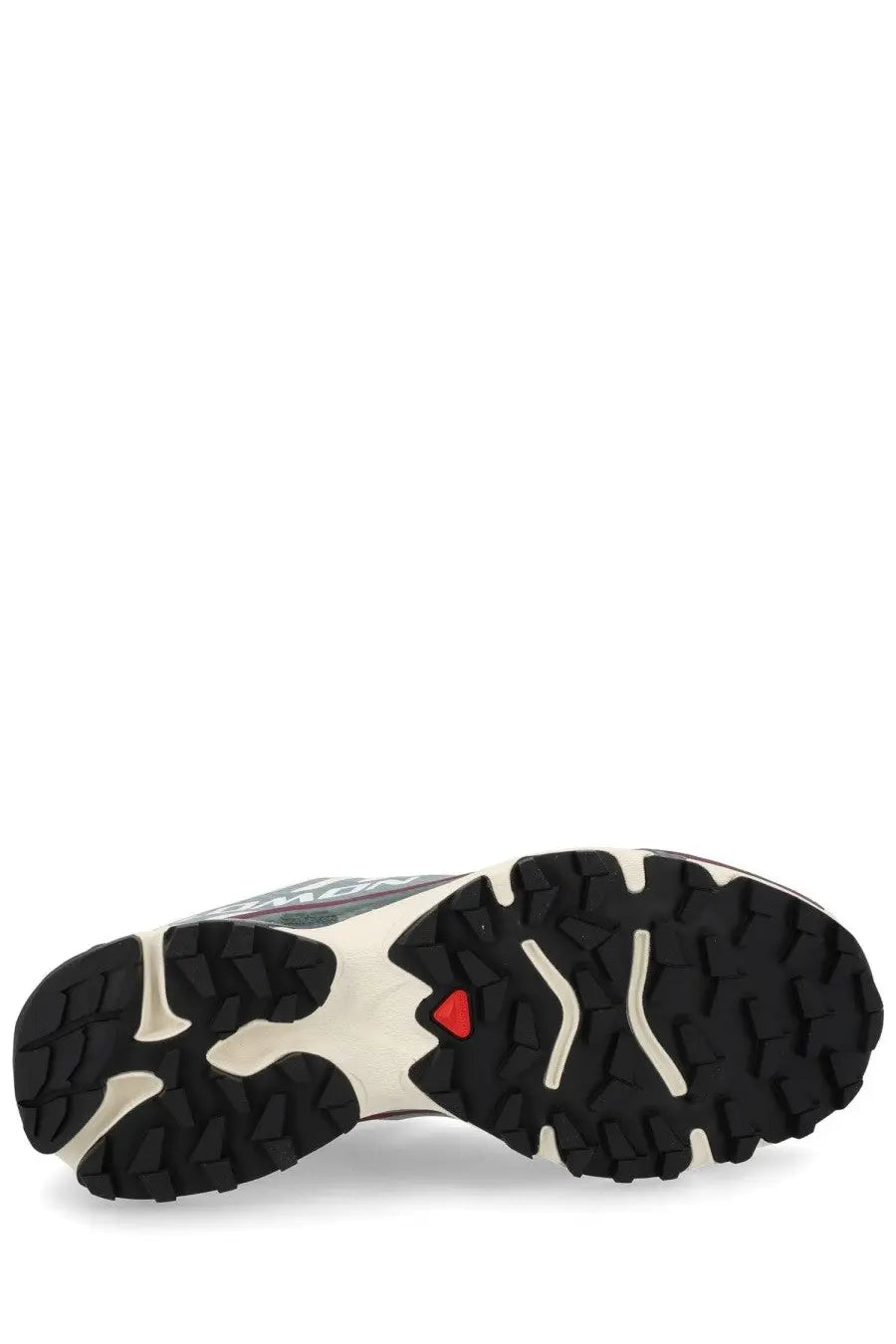 Back view of black and white salomon unisex trail running shoe with red logo on heel for outdoor use