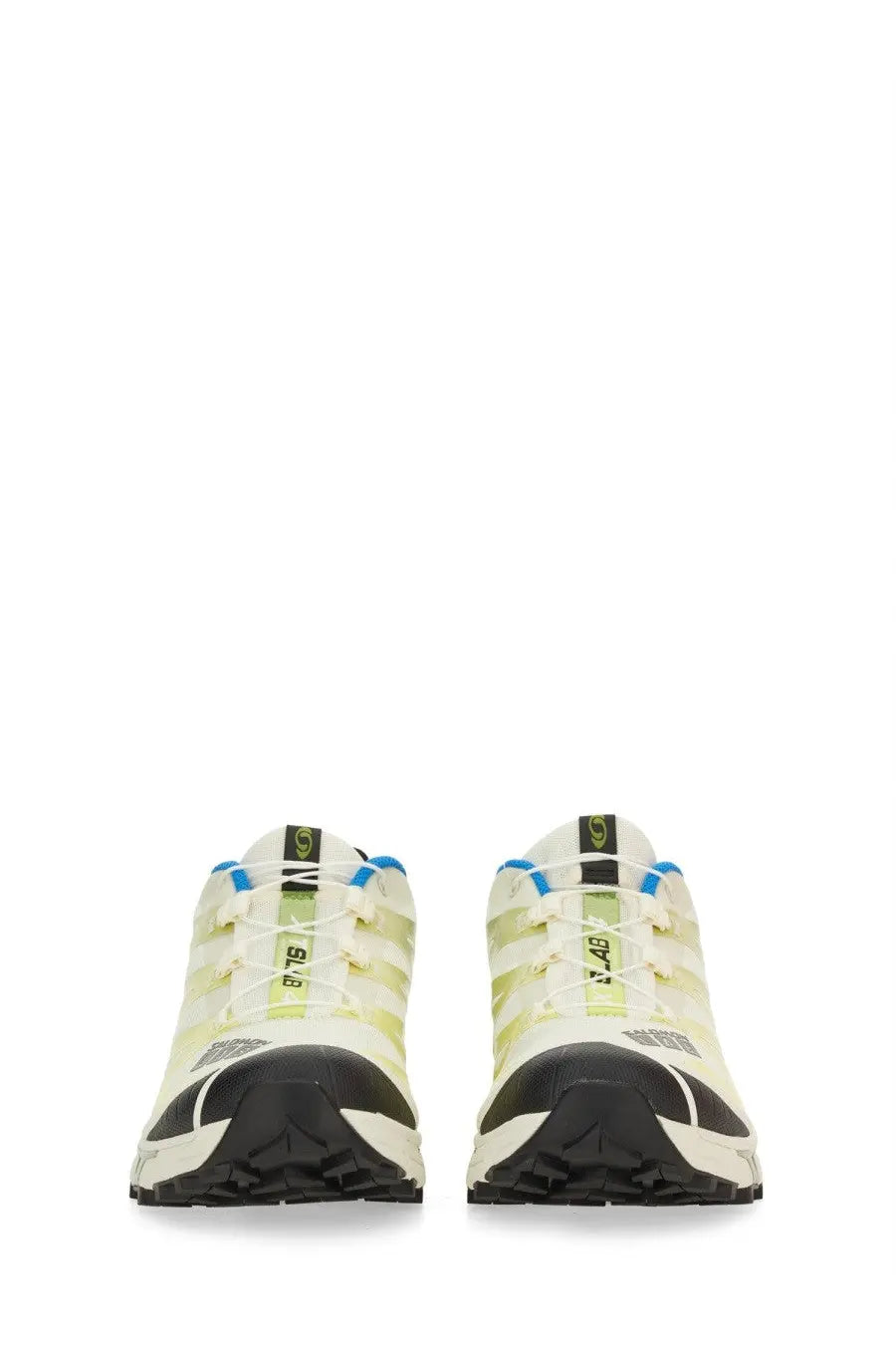 Cream-colored Salomon XA 3D trail running shoes with black and blue accents for unisex outdoor use