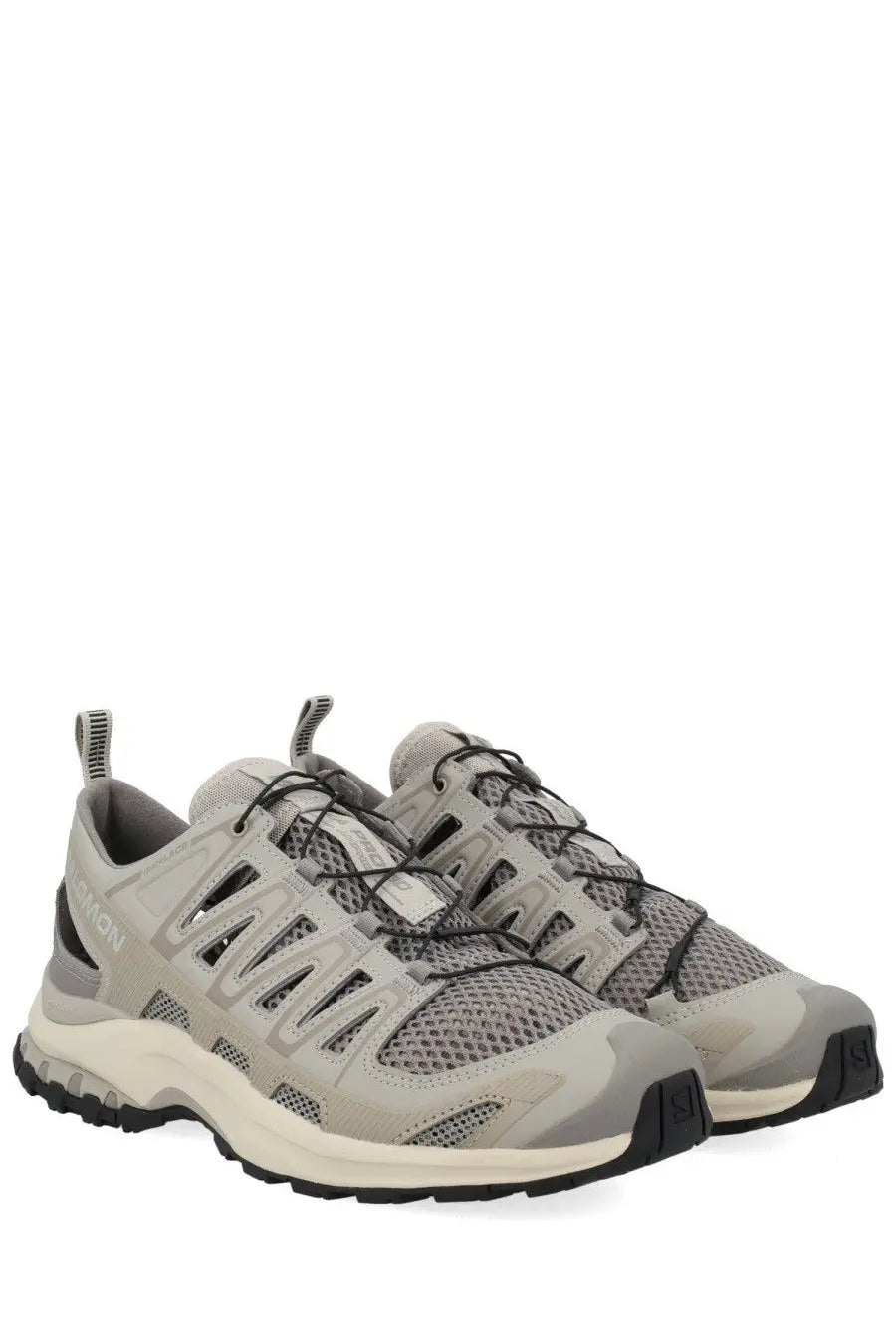 Gray salomon xa pro 3d amphib unisex sneaker with mesh synthetic overlays black laces and rugged outsole for trail running
