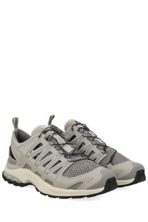 Gray salomon xa pro 3d amphib unisex sneaker with mesh synthetic overlays black laces and rugged outsole for trail running