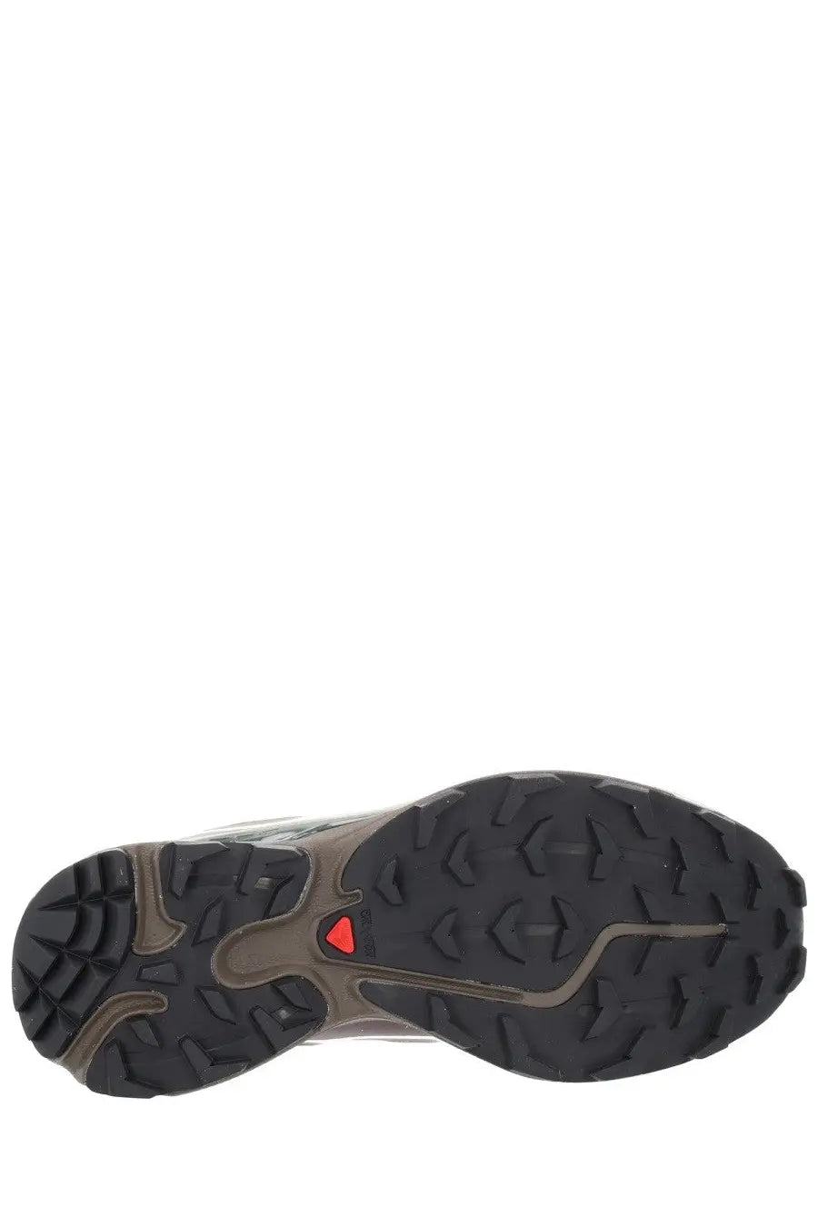 Backside view of salomon unisex sneaker xt brown with black and gray rubber outsole and red triangular logo on heel