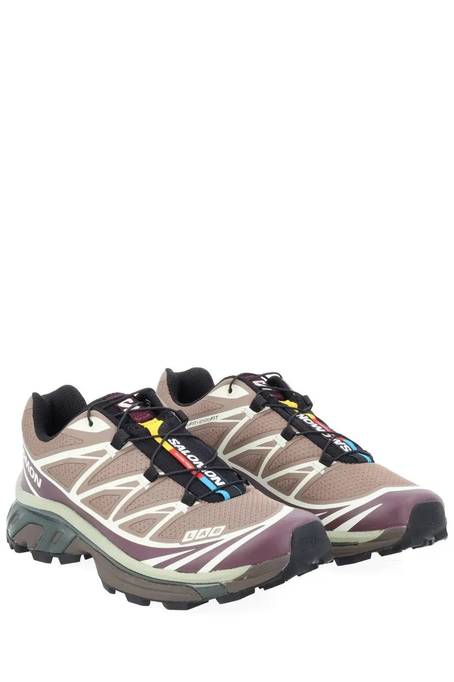 Salomon unisex sneaker XT brown featuring ultra 3 trail running shoes in taupe and burgundy with rainbow stripe detail