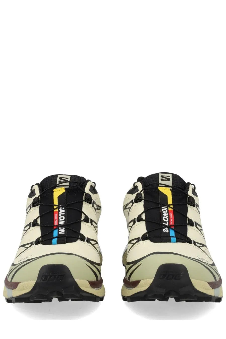 Cream-colored Salomon unisex sneaker XT white trail running shoes with black yellow and blue lace accents