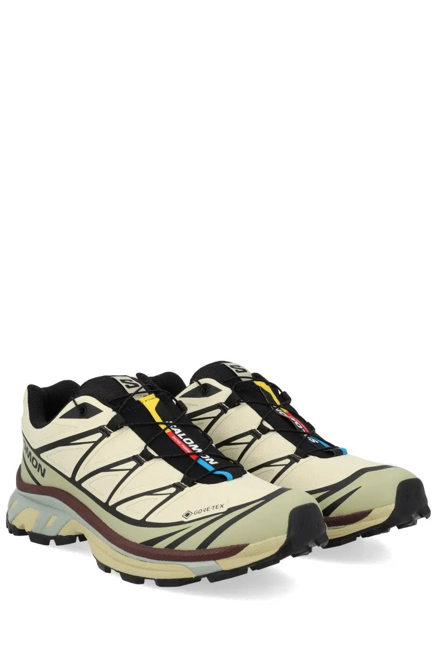 Salomon unisex sneaker xt white featuring cream-colored xa pro 5 gtx trail running shoes with black yellow and blue accents