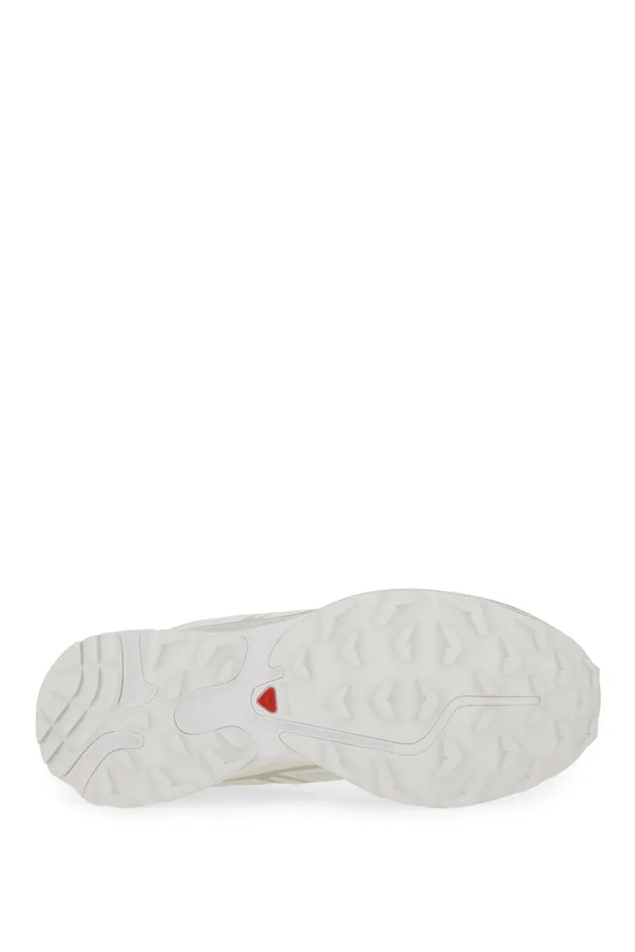 Back view of salomon unisex sneaker xt white with white rubber sole and red triangular logo on the heel