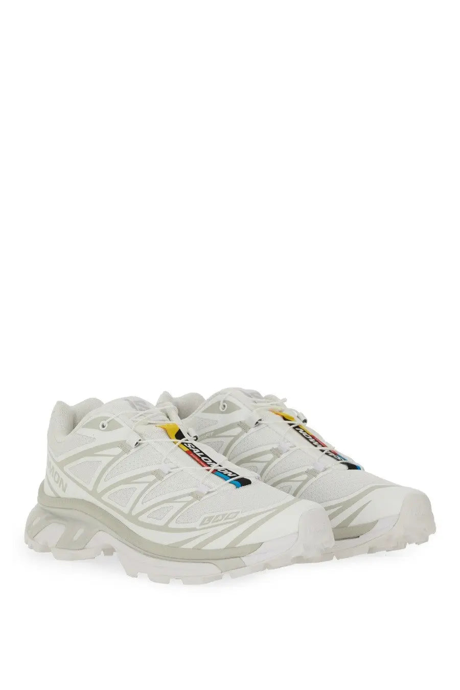 White salomon unisex sneaker xt with gray accents and colorful laces designed for trail running and outdoor use