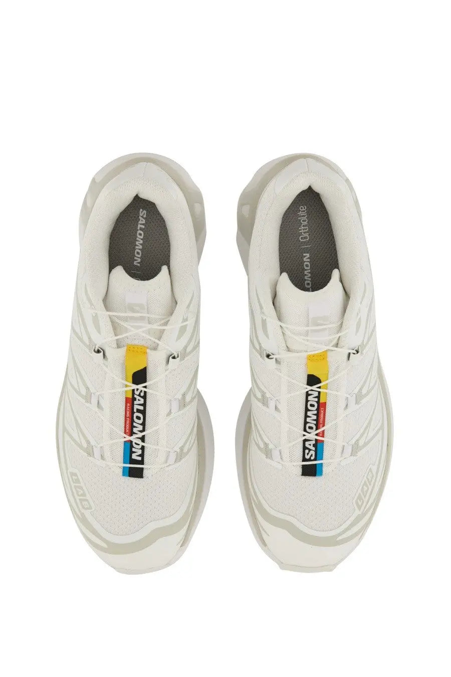 Salomon unisex sneaker XT white with a sleek mesh upper and bold yellow and black branding stripes along the laces