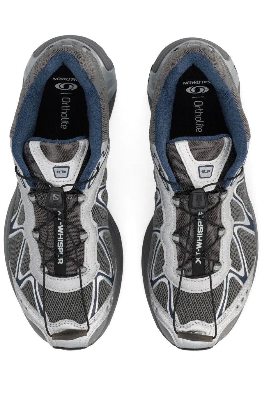 Salomon unisex XT Whisper sneaker in silver with gray and white mesh upper blue accents and black laces