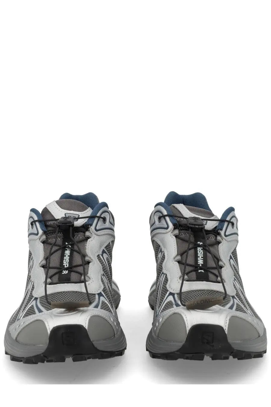 Salomon unisex XT Whisper sneaker in silver with gray mesh, black laces, and blue accents for running