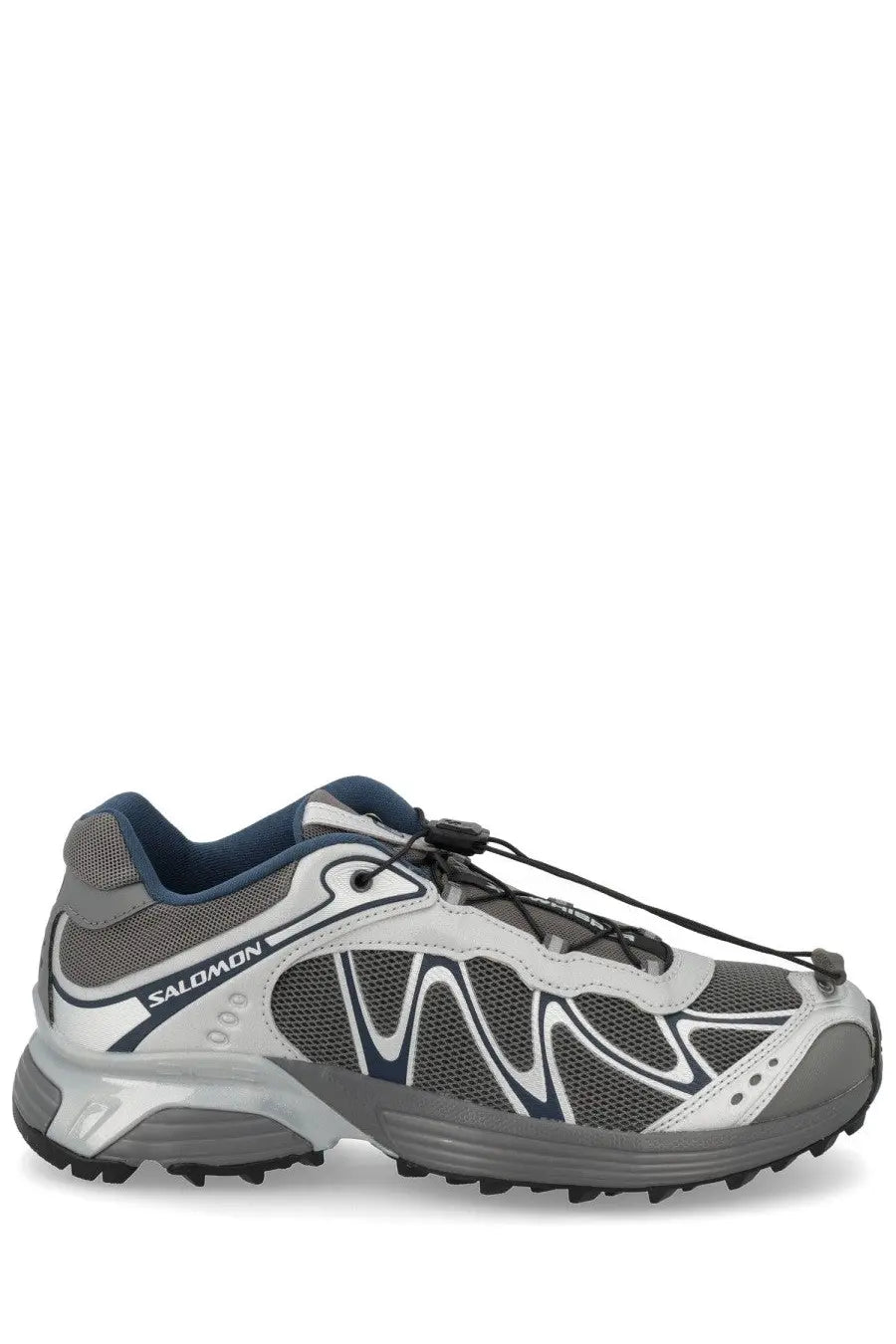Salomon unisex XT Whisper sneaker in silver with gray and navy mesh upper and rubber outsole for trail running
