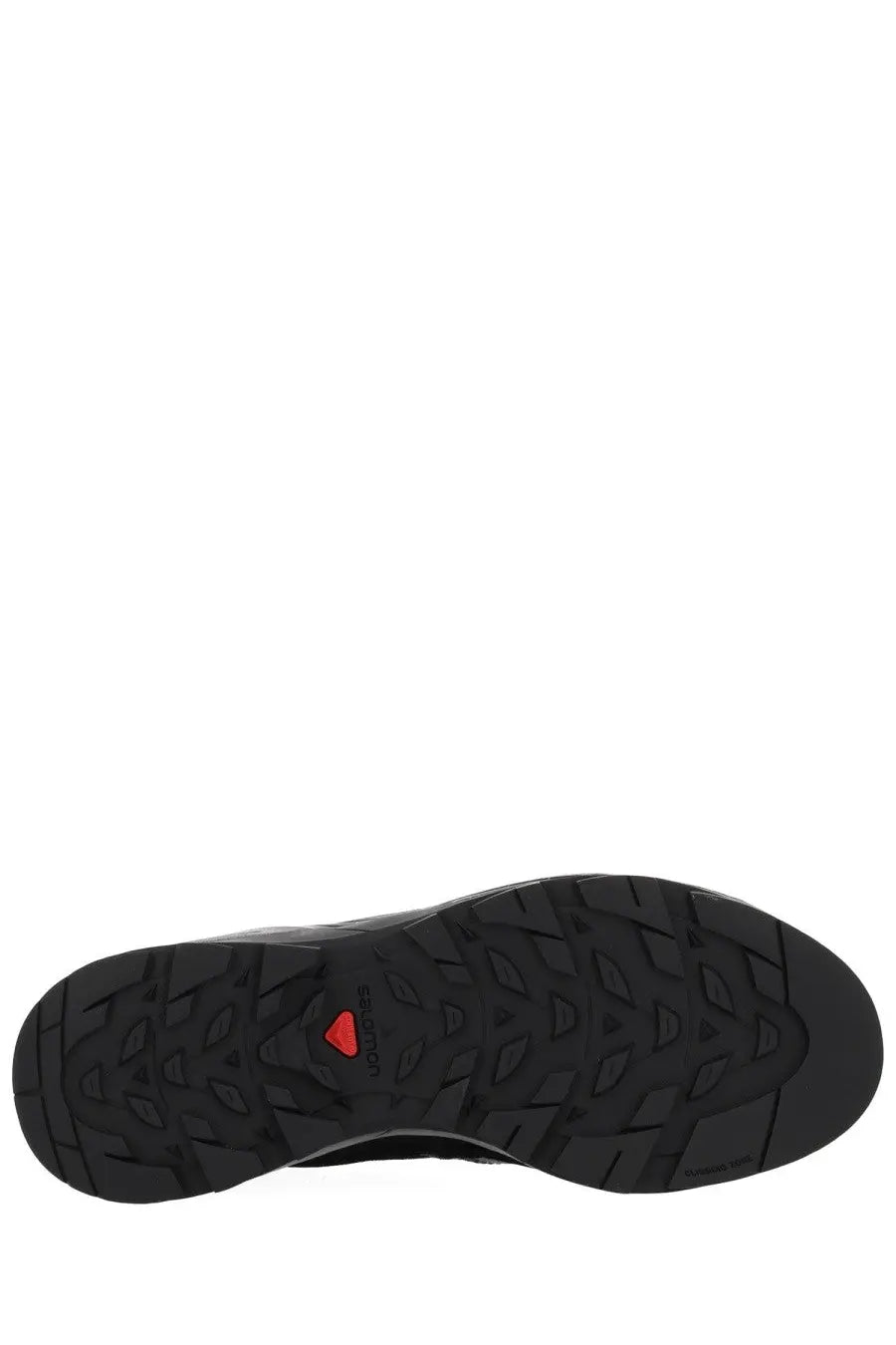 Black rubber sole with red triangular logo and textured tread on Salomon x Carhartt wip unisex sneaker