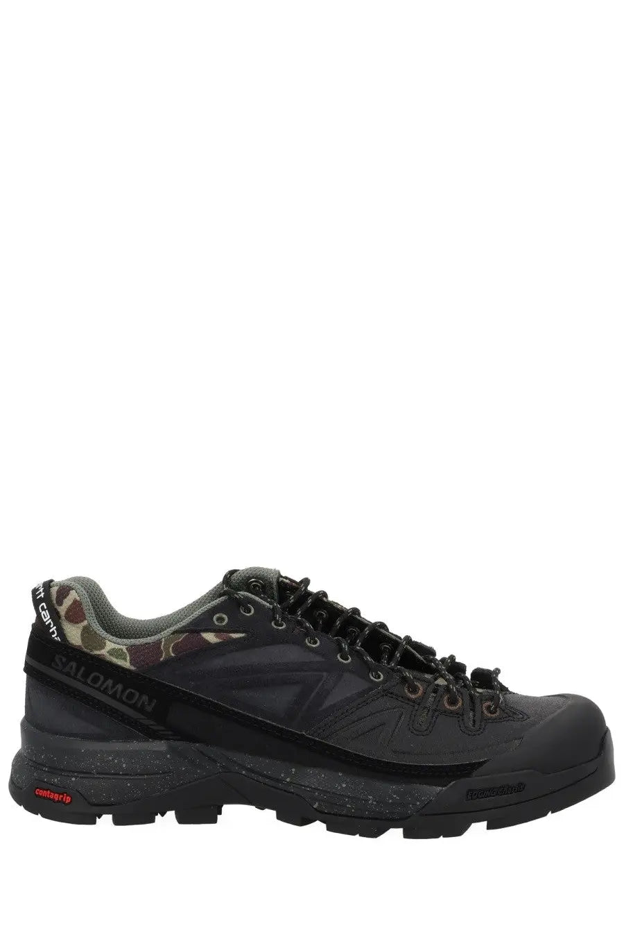 Black salomon x carhartt wip unisex hiking shoe with camouflage accents and rugged tread pattern in black