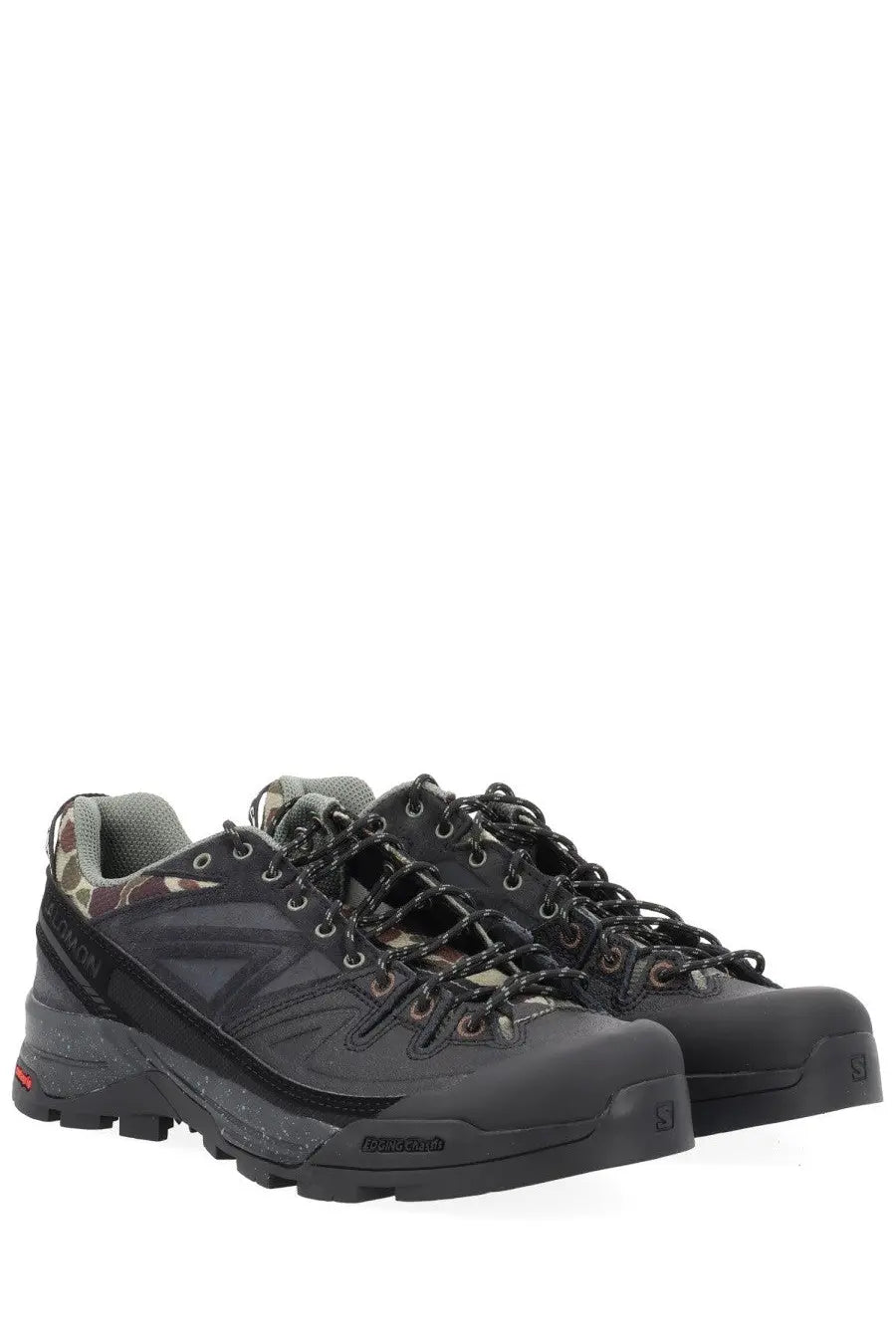 Black salomon x carhartt wip unisex hiking shoes with camouflage accents rugged tread and durable synthetic upper