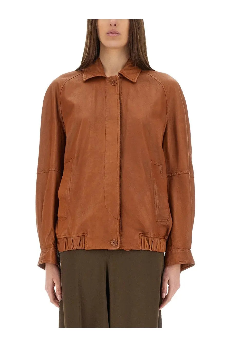 Salvatore Santoro women’s beige leather bomber jacket with collar front button closure and elasticated cuffs