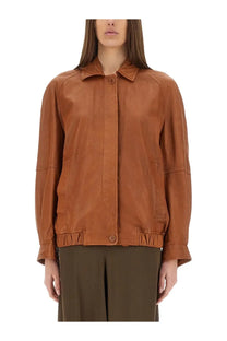 Salvatore Santoro women’s beige leather bomber jacket with collar front button closure and elasticated cuffs
