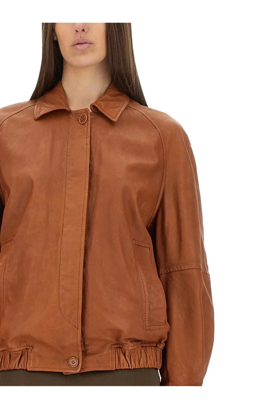 Salvatore Santoro women’s beige leather bomber jacket with collar front button closure and elasticized waistband