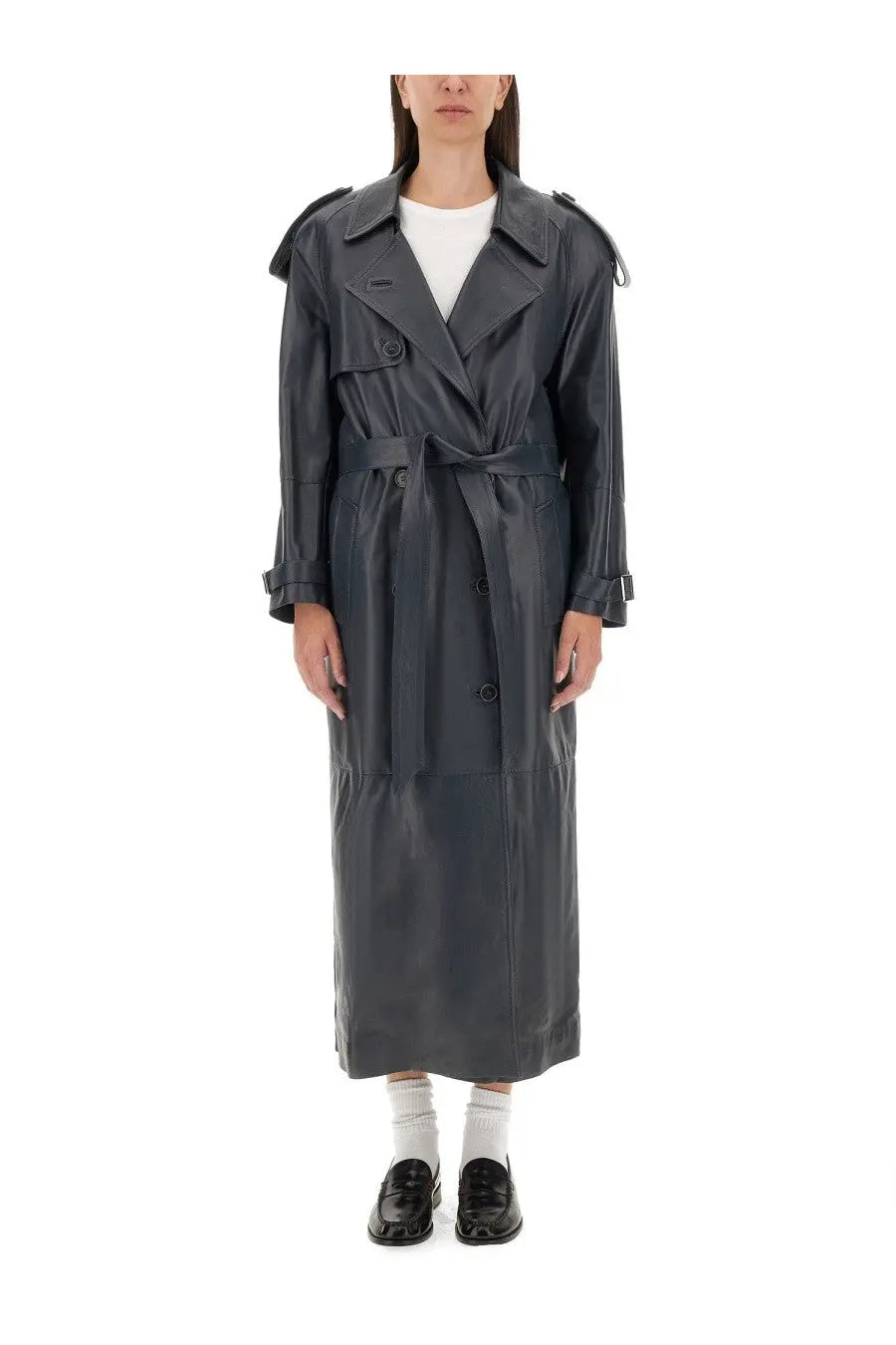Salvatore Santoro women’s leather trench coat grey with belted waist and structured shoulders in black leather