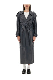 Salvatore Santoro women’s leather trench coat grey with belted waist and structured shoulders in black leather