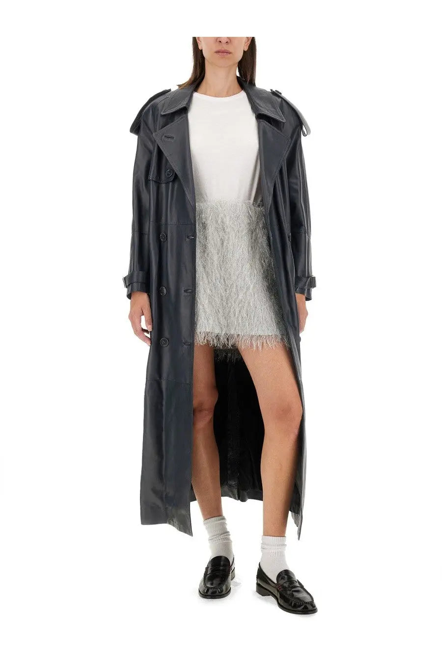 Salvatore Santoro women’s grey leather trench coat with classic double-breasted design and epaulets