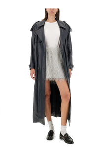 Salvatore Santoro women’s grey leather trench coat with classic double-breasted design and epaulets
