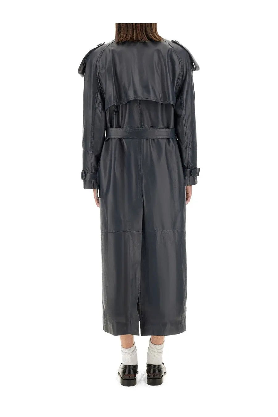 Salvatore santoro women’s grey leather trench coat with shoulder epaulets and belted waist shown from the back