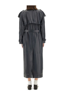 Salvatore santoro women’s grey leather trench coat with shoulder epaulets and belted waist shown from the back