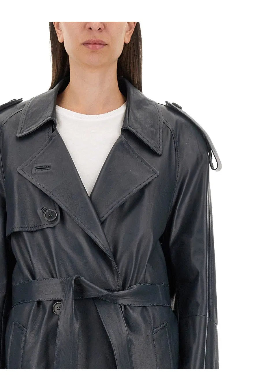 Salvatore Santoro women’s grey leather trench coat with belted waist and structured shoulders in dark gray
