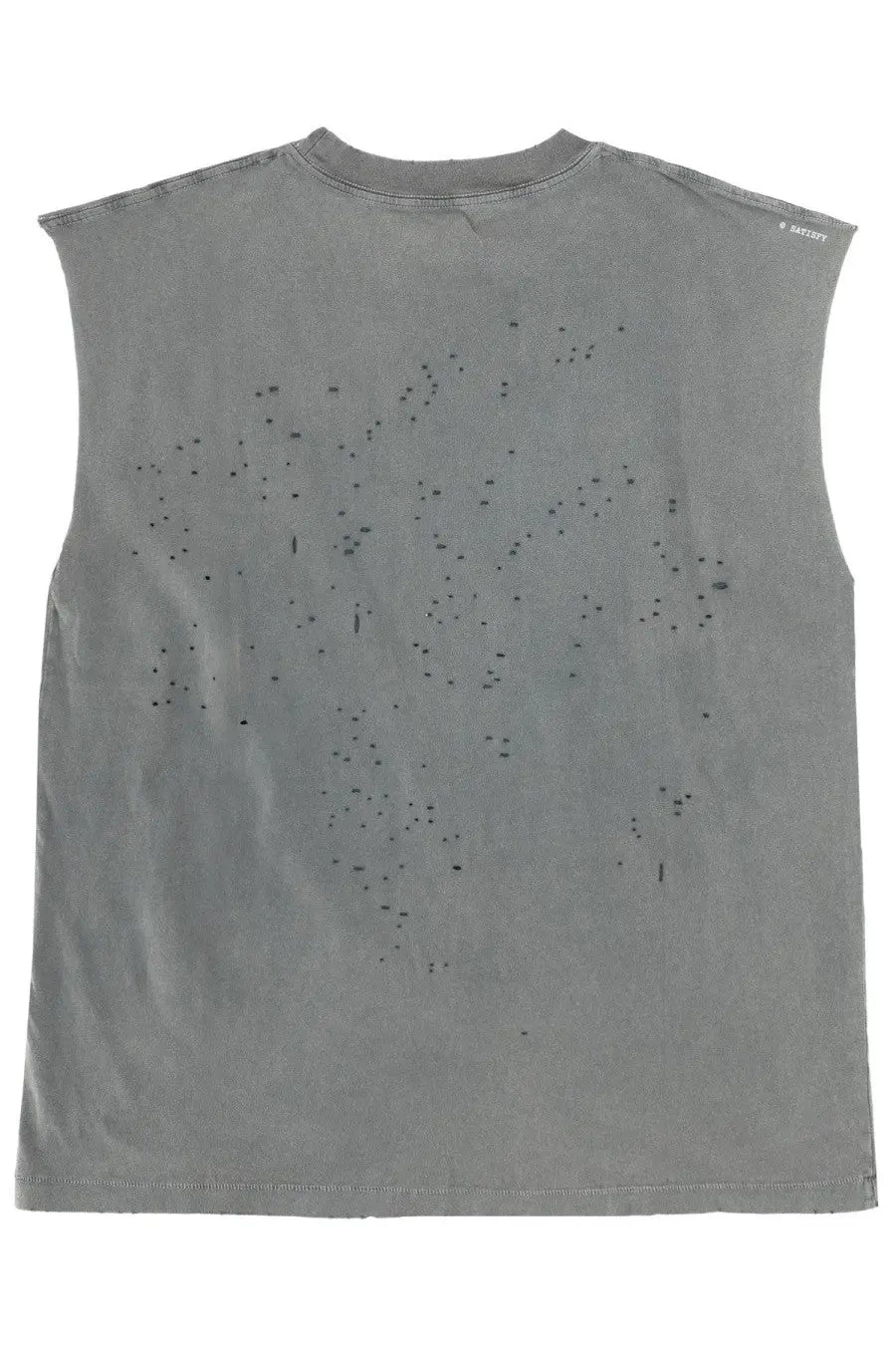Back view of satisfy men’s gray sleeveless t-shirt with distressed black speckled pattern for casual wear