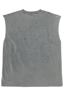 Back view of satisfy men’s gray sleeveless t-shirt with distressed black speckled pattern for casual wear