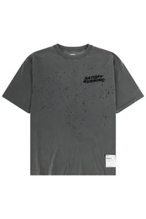 Dark gray slightly distressed cotton t-shirt with black satisfy running graphic and speckled texture for men