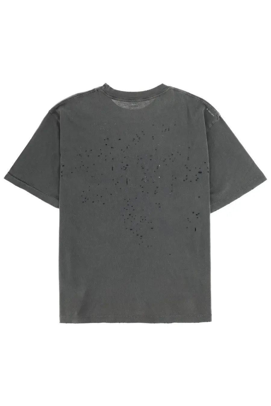 Satisfy men’s grey cotton t-shirt back showing dark gray slightly distressed fabric with subtle speckled pattern