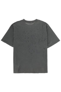Satisfy men’s grey cotton t-shirt back showing dark gray slightly distressed fabric with subtle speckled pattern