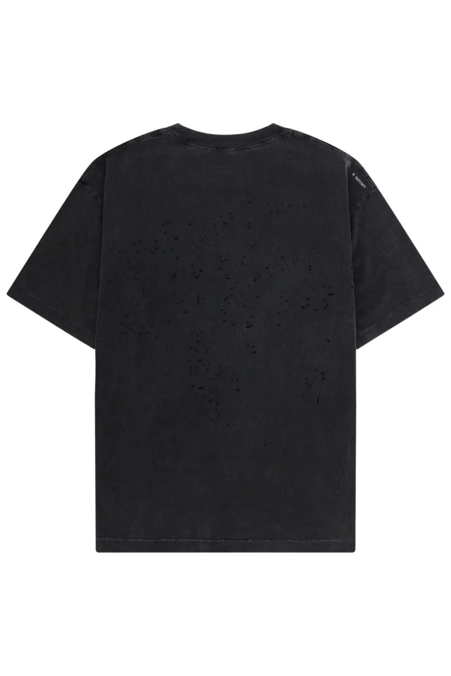 Black distressed cotton t-shirt with faded speckled texture and subtle shoulder branding from satisfy men’s shirt con stampa black