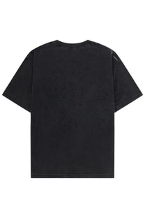 Black distressed cotton t-shirt with faded speckled texture and subtle shoulder branding from satisfy men’s shirt con stampa black