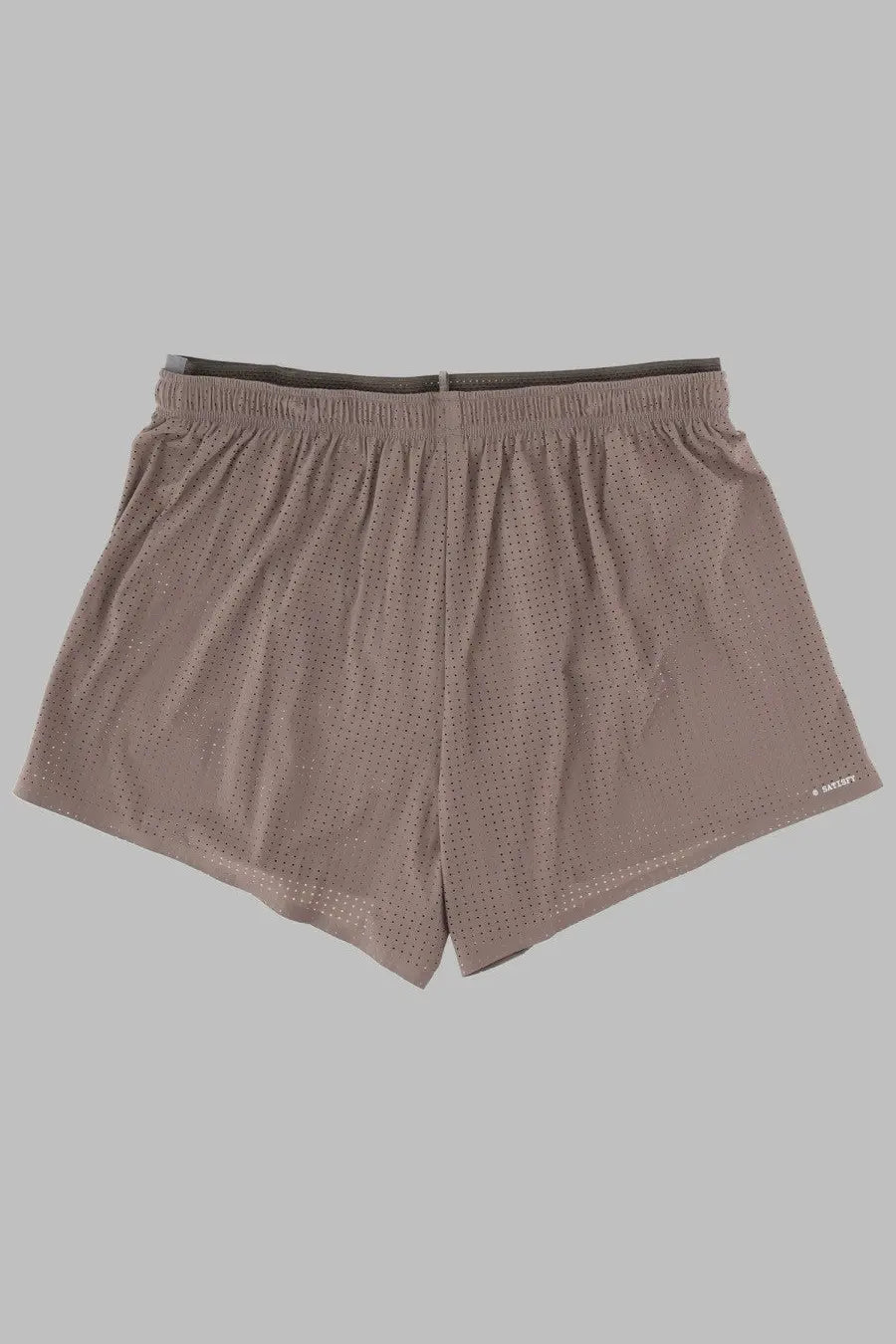 Beige perforated mesh athletic shorts with dark gray elastic waistband for men by satisfy in space beige color