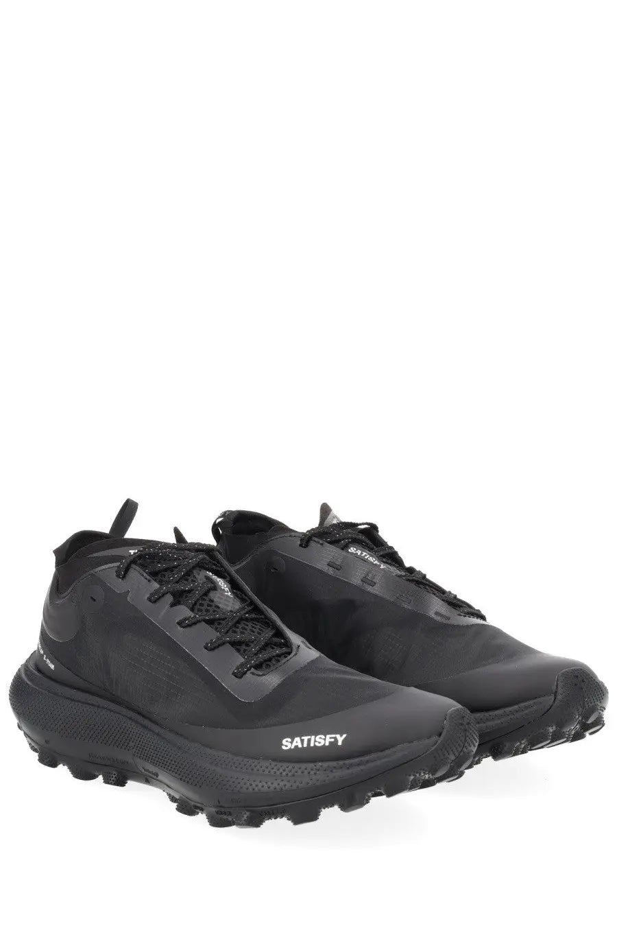 Satisfy men’s sneaker therocker black trail running shoes with matte finish and textured rubber sole