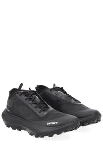 Satisfy men’s sneaker therocker black trail running shoes with matte finish and textured rubber sole