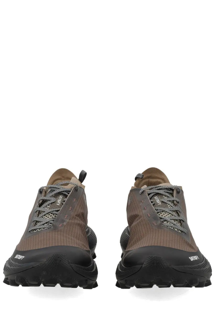 Satisfy men’s sneaker therocker brown trail running shoe with brown black textured upper rugged outsole and santafe branding