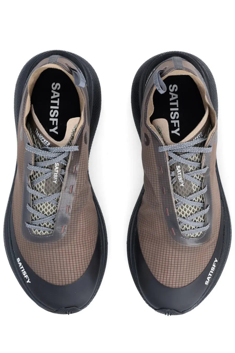 Satisfy men’s sneaker therocker brown brown mesh sneakers with black rubber soles gray laces and satisfy branding