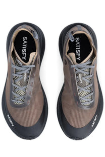 Satisfy men’s sneaker therocker brown brown mesh sneakers with black rubber soles gray laces and satisfy branding