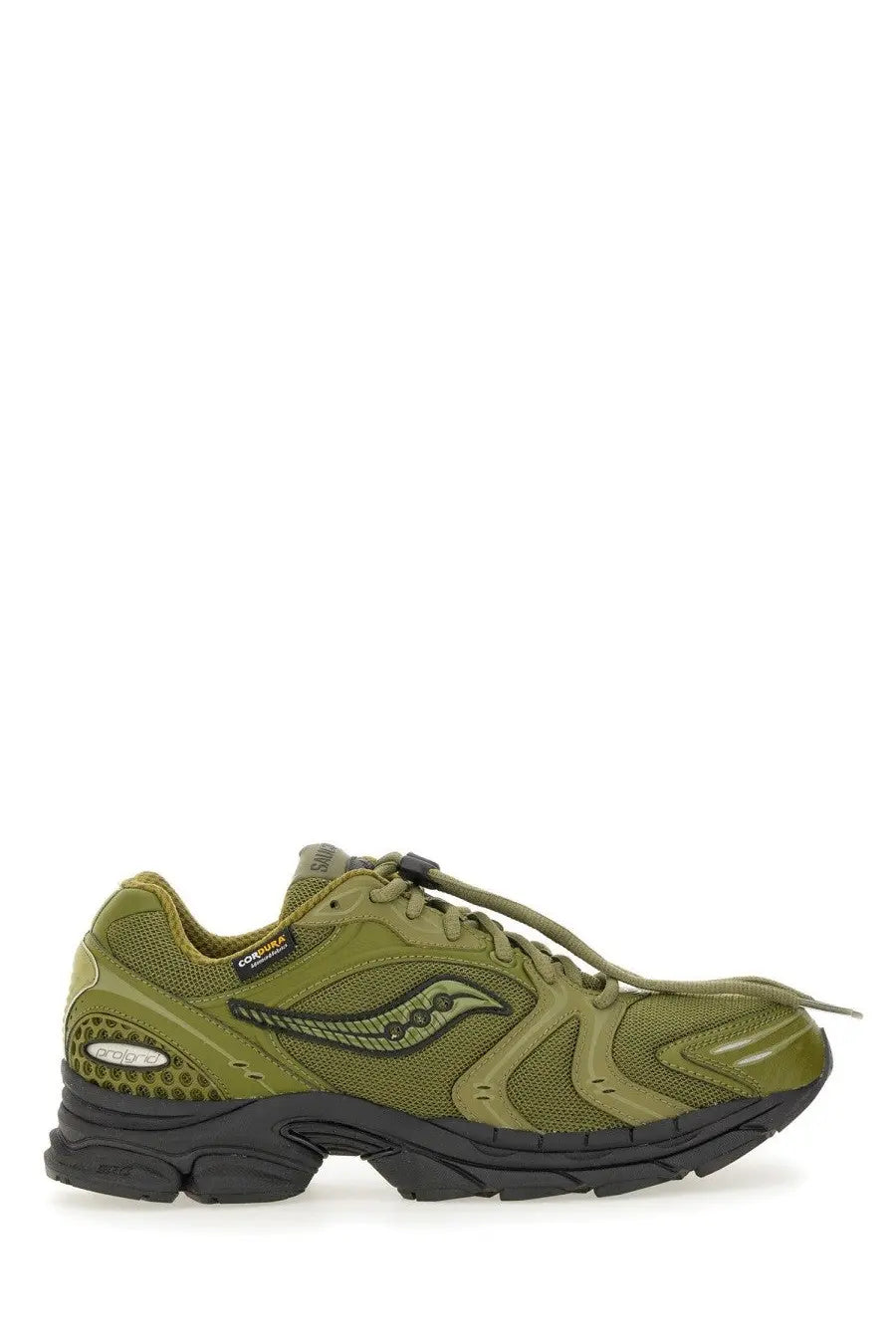 Olive green saucony men’s progrid triumph sneaker with mesh and synthetic overlays and black rubber sole